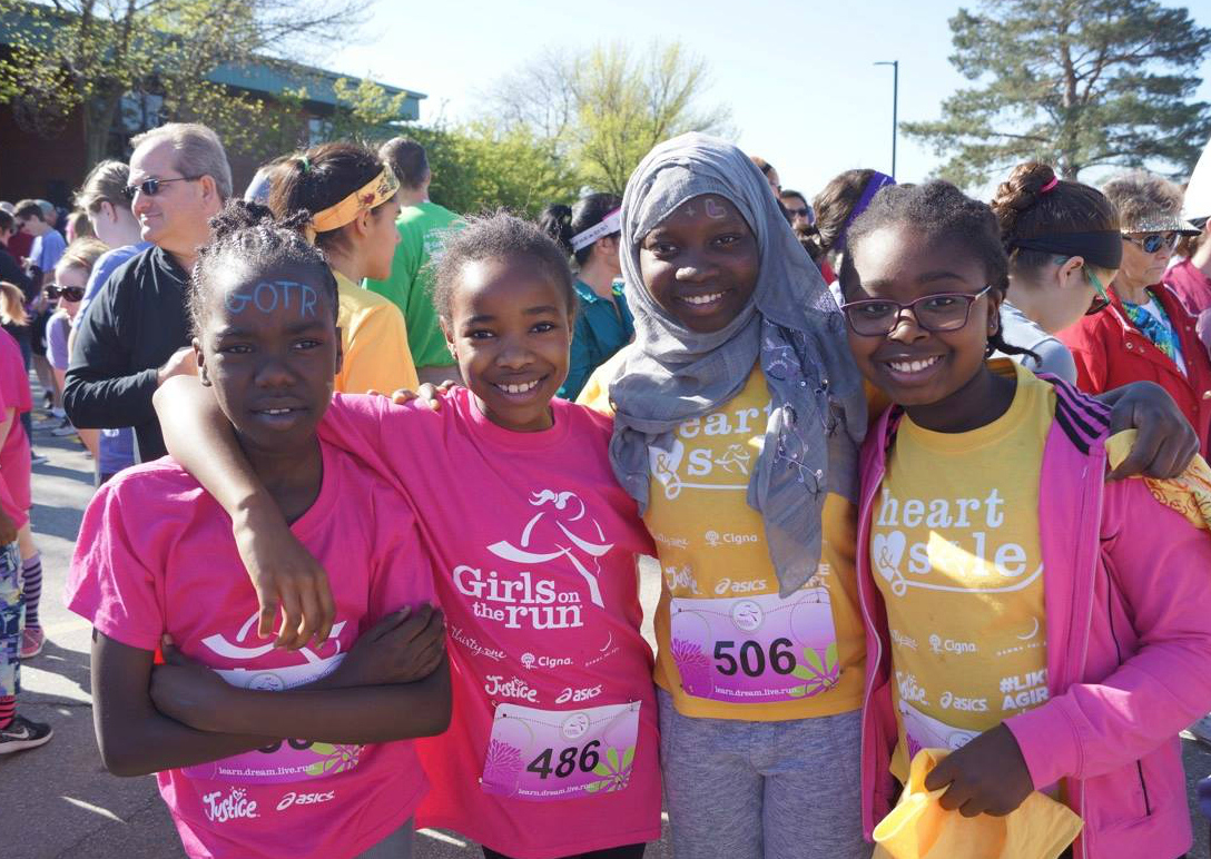 A group of young girls at the Girls on the Run event