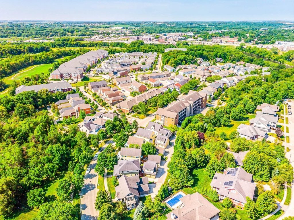 Aerial neighborhood shot of the Peninsula neighborhood in Iowa City