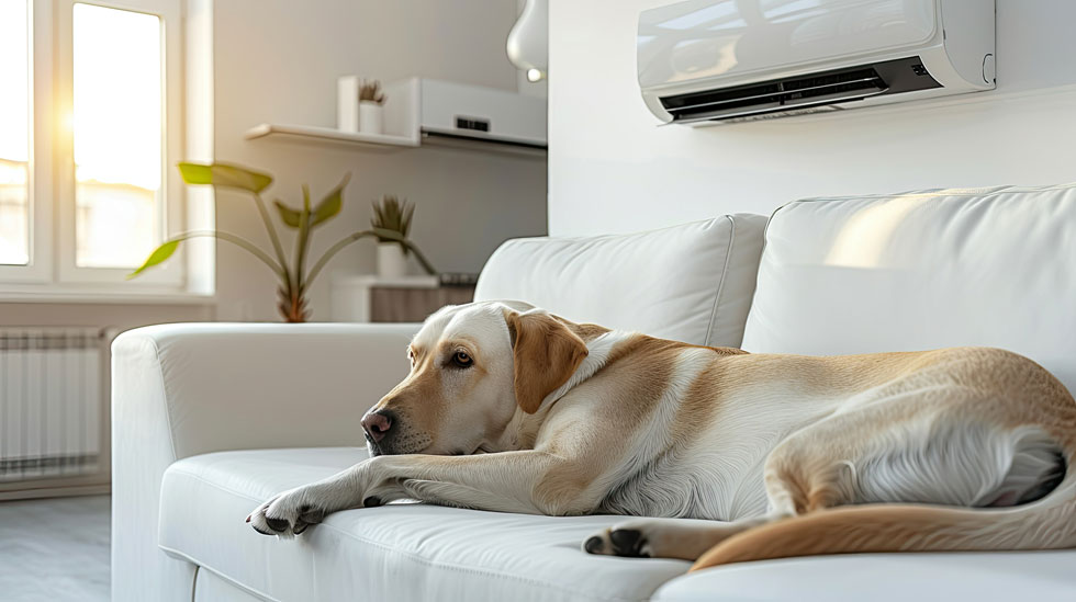 Dog resting on a couch with in air conditioned room