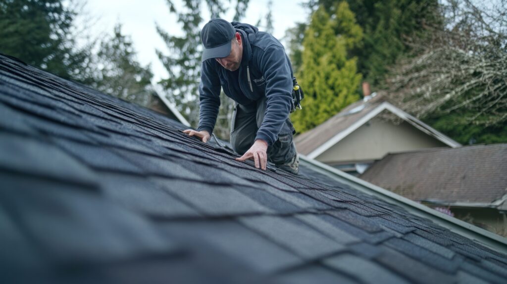 A roof inspection in progress, with an inspector carefully examining the shingles, gutters, and overall roof structure