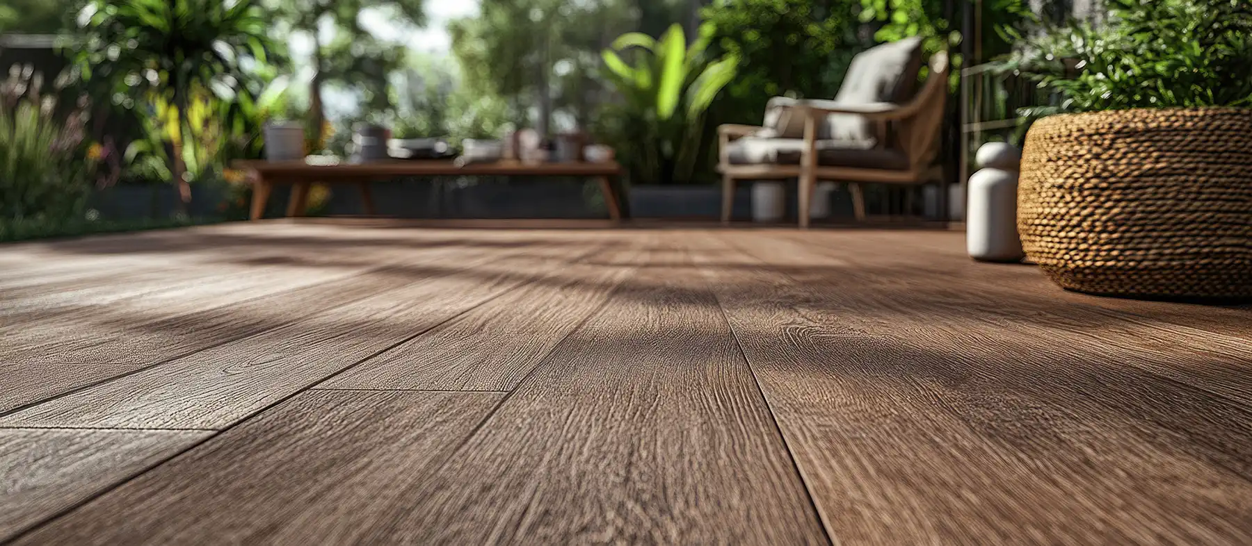 Close up of composite wood terrace deck with natural textures