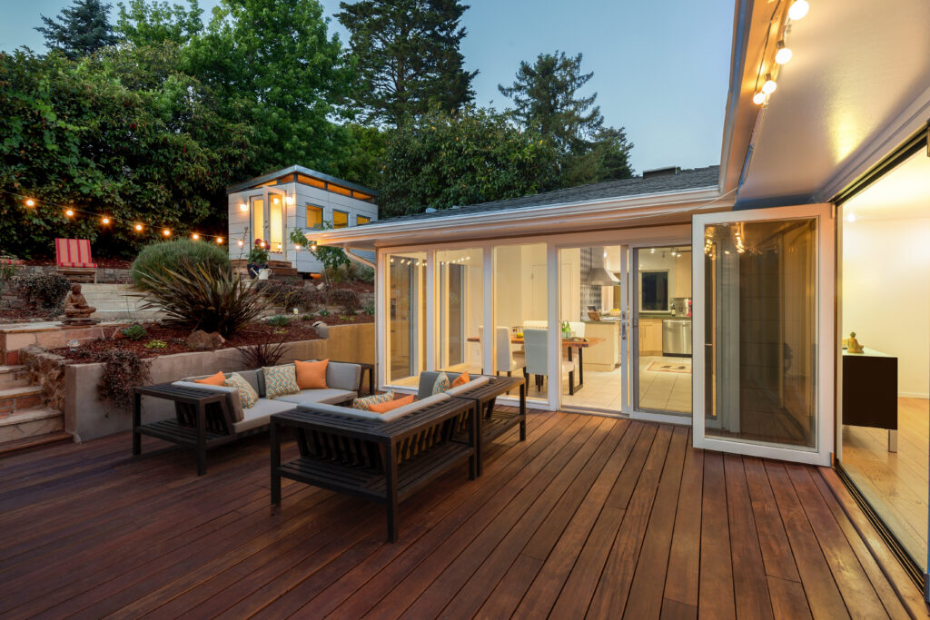 Wood deck at twilight with beautiful furniture