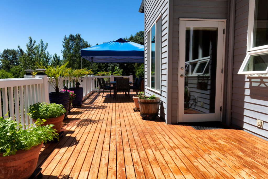 Wood deck and backyard garden during summer