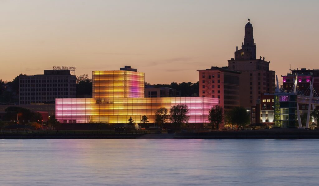 Figge Art Museum at dusk over the Mississippi River in Davenport, Iowa