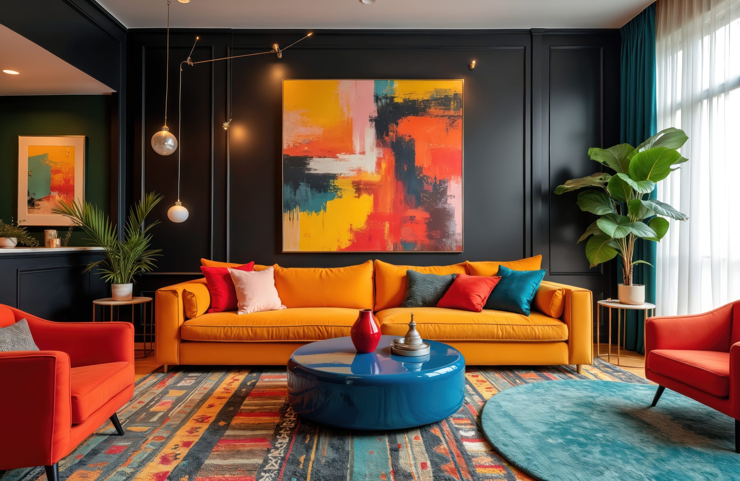 Modern maximalist living room interior with eclectic design