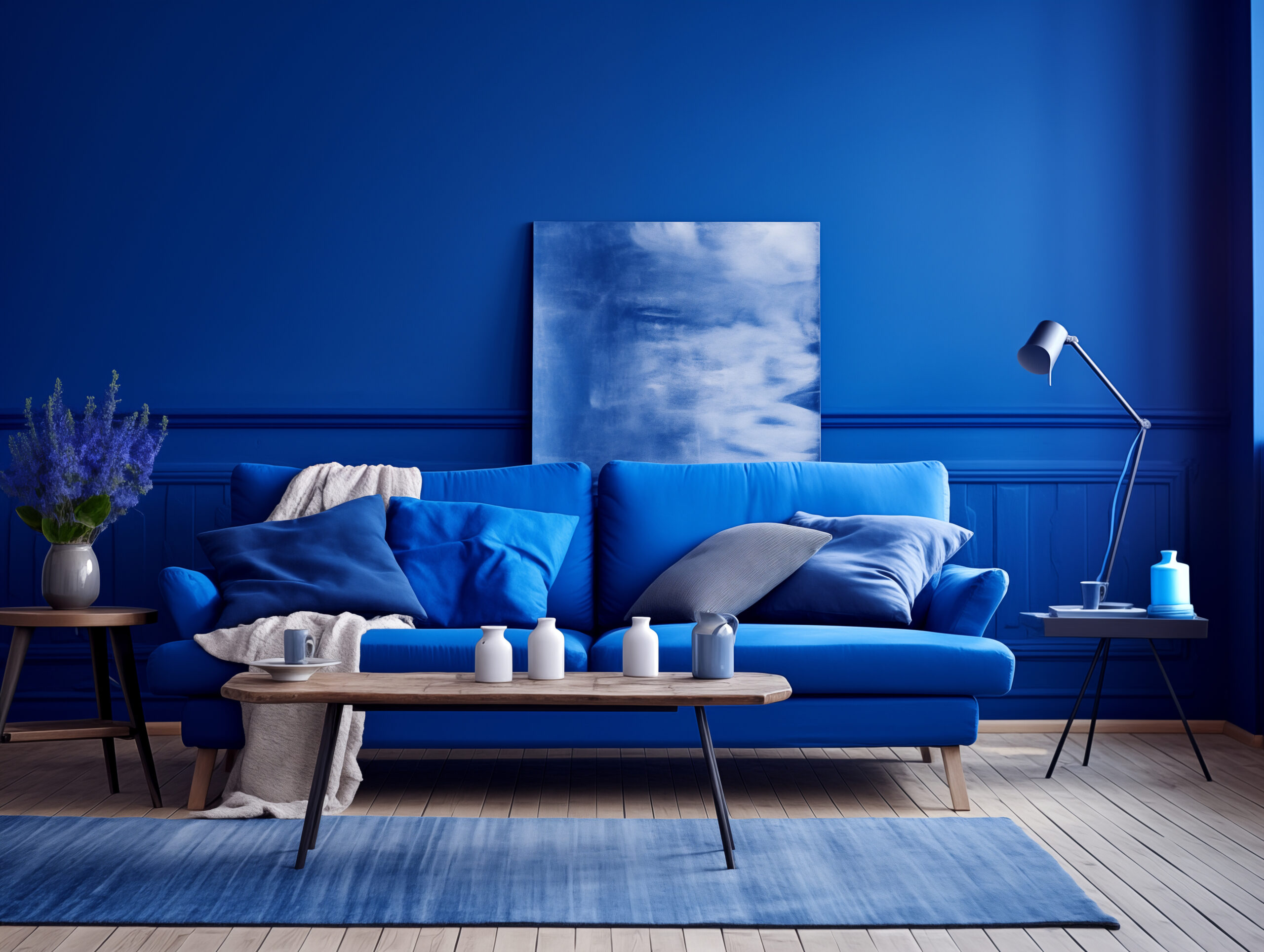 Color drenched cobalt blue living room 