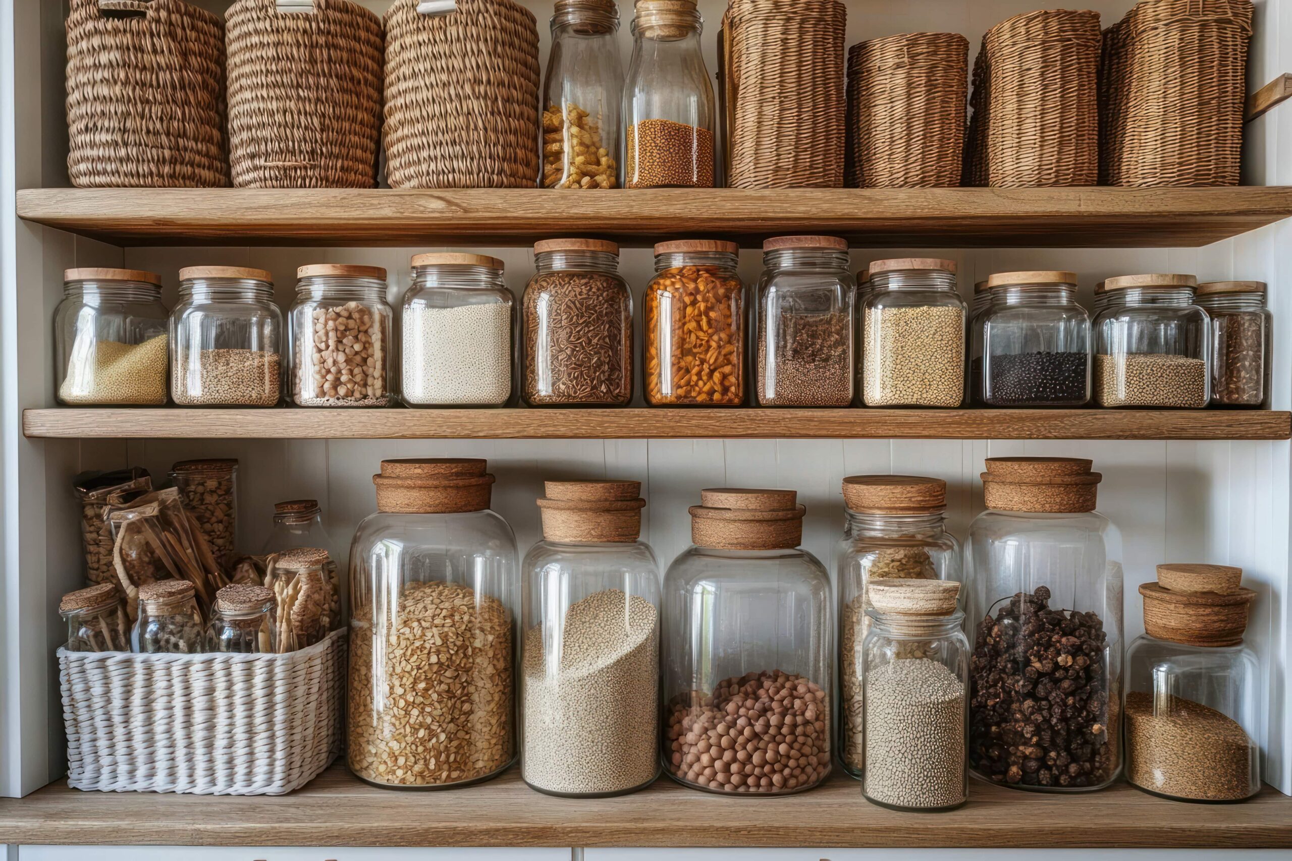 Organized pantry with grains and spices in glass jars