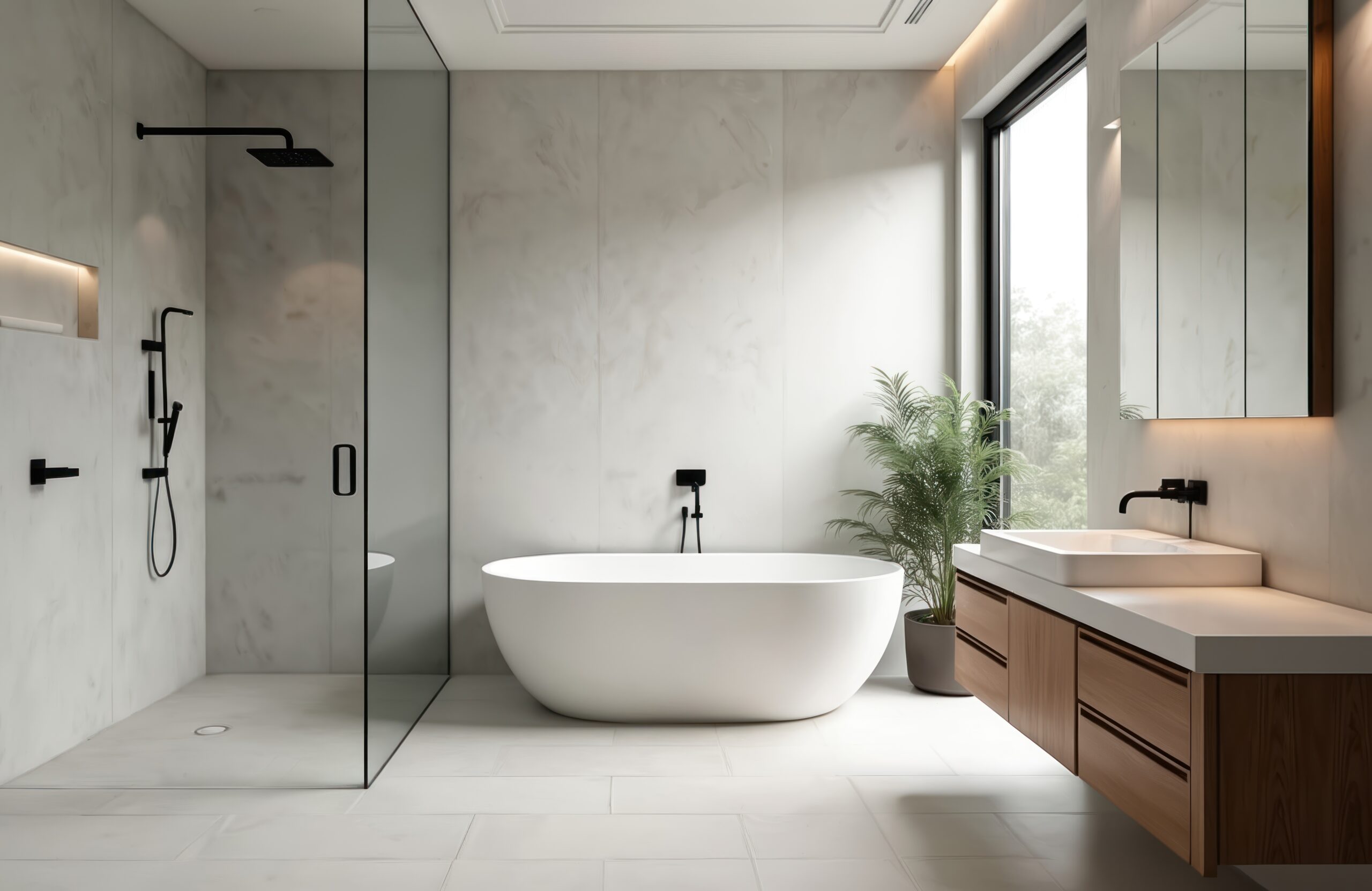 Modern bathroom with freestanding oval bathtub and glass-enclosed shower