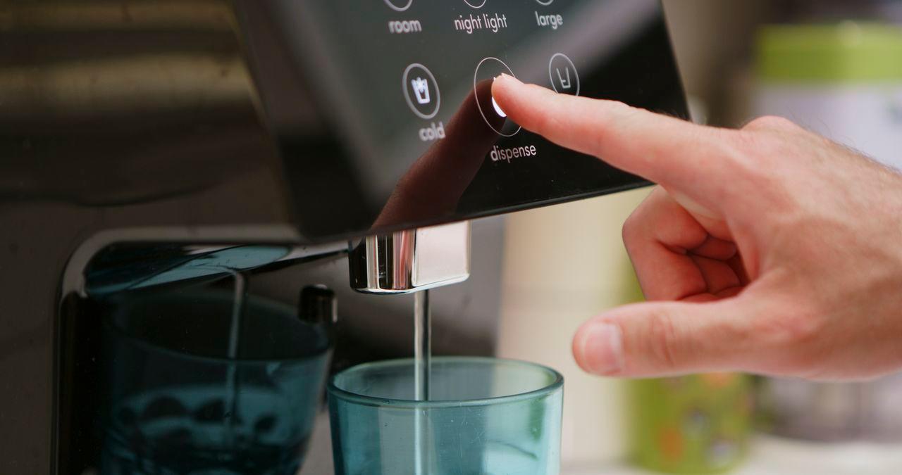 Water filtration system on a refrigerator in a kitchen