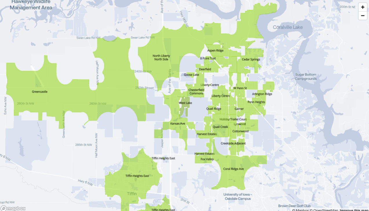 NextDoor neighborhoods map that includes many homes for sale in North Liberty