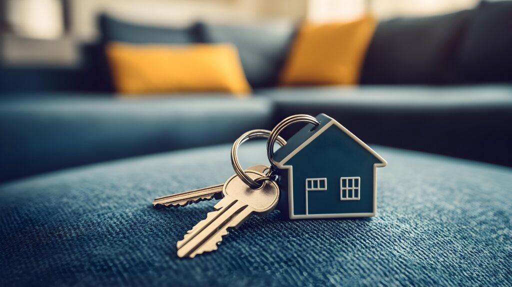 House keys on a blue couch in a new home