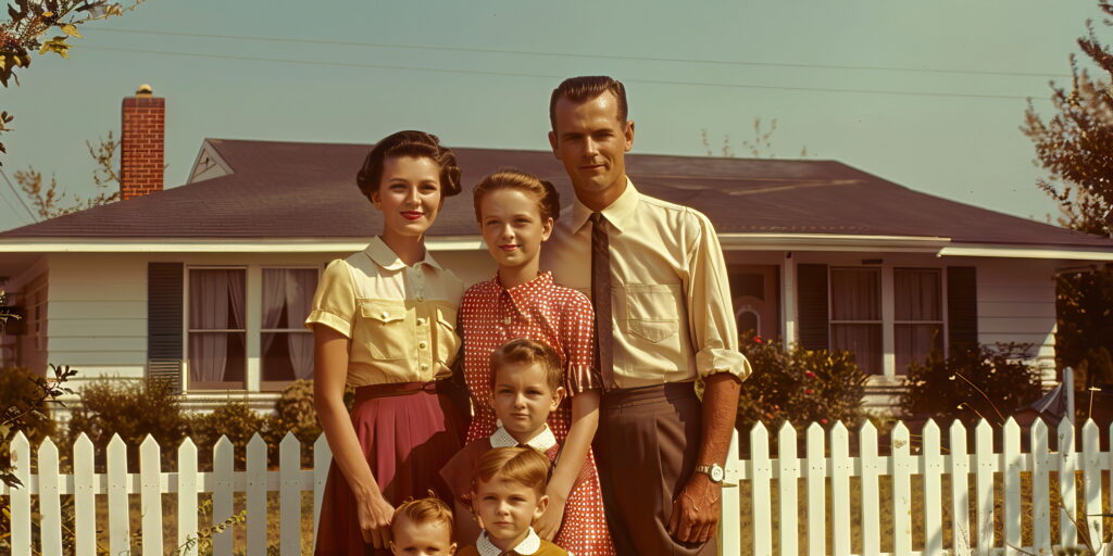 1950s family standing in front of a home with a white picket fence to represent affordable homeownership