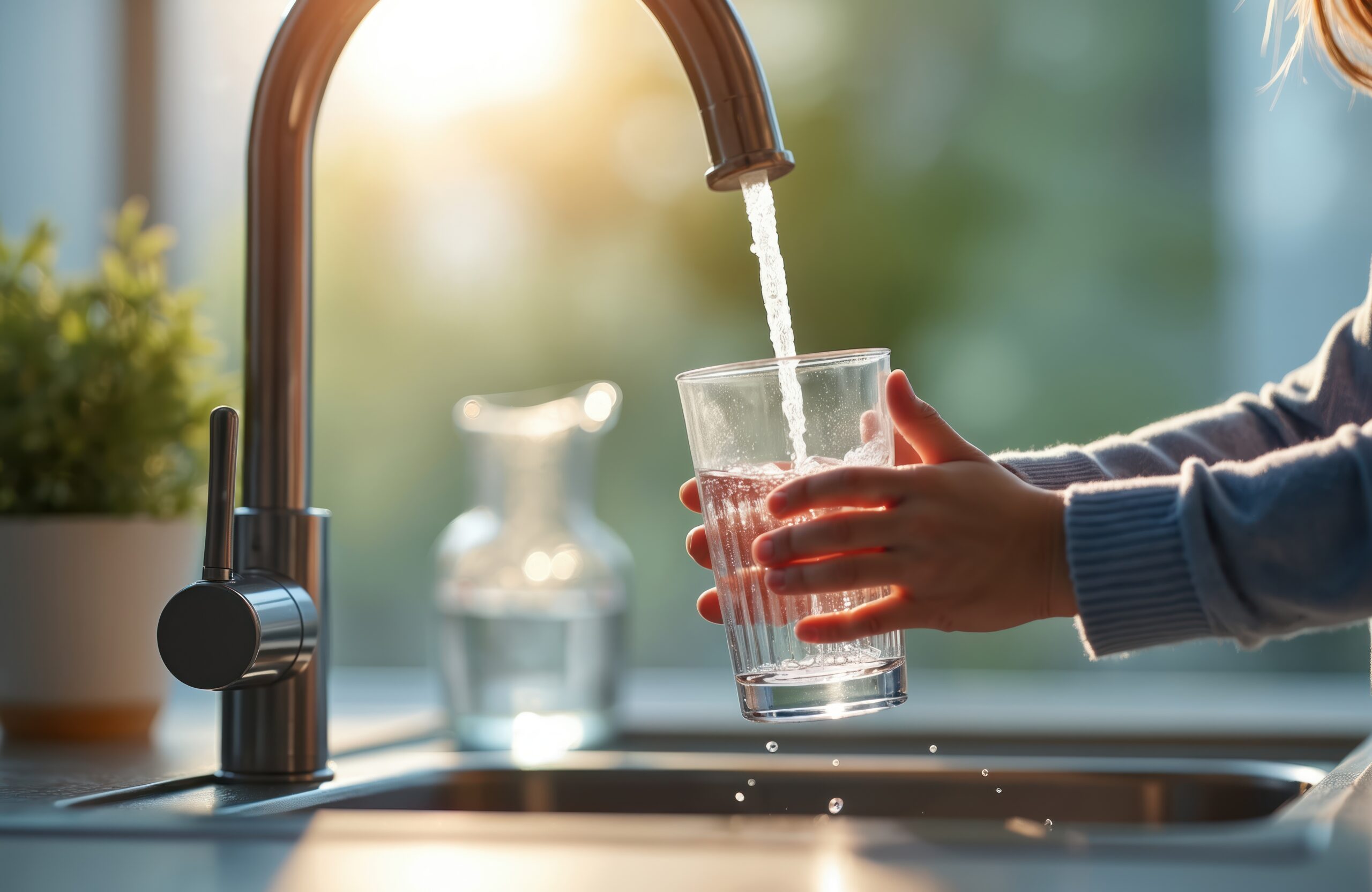 Child pouring water into a glass from the kitchen faucet