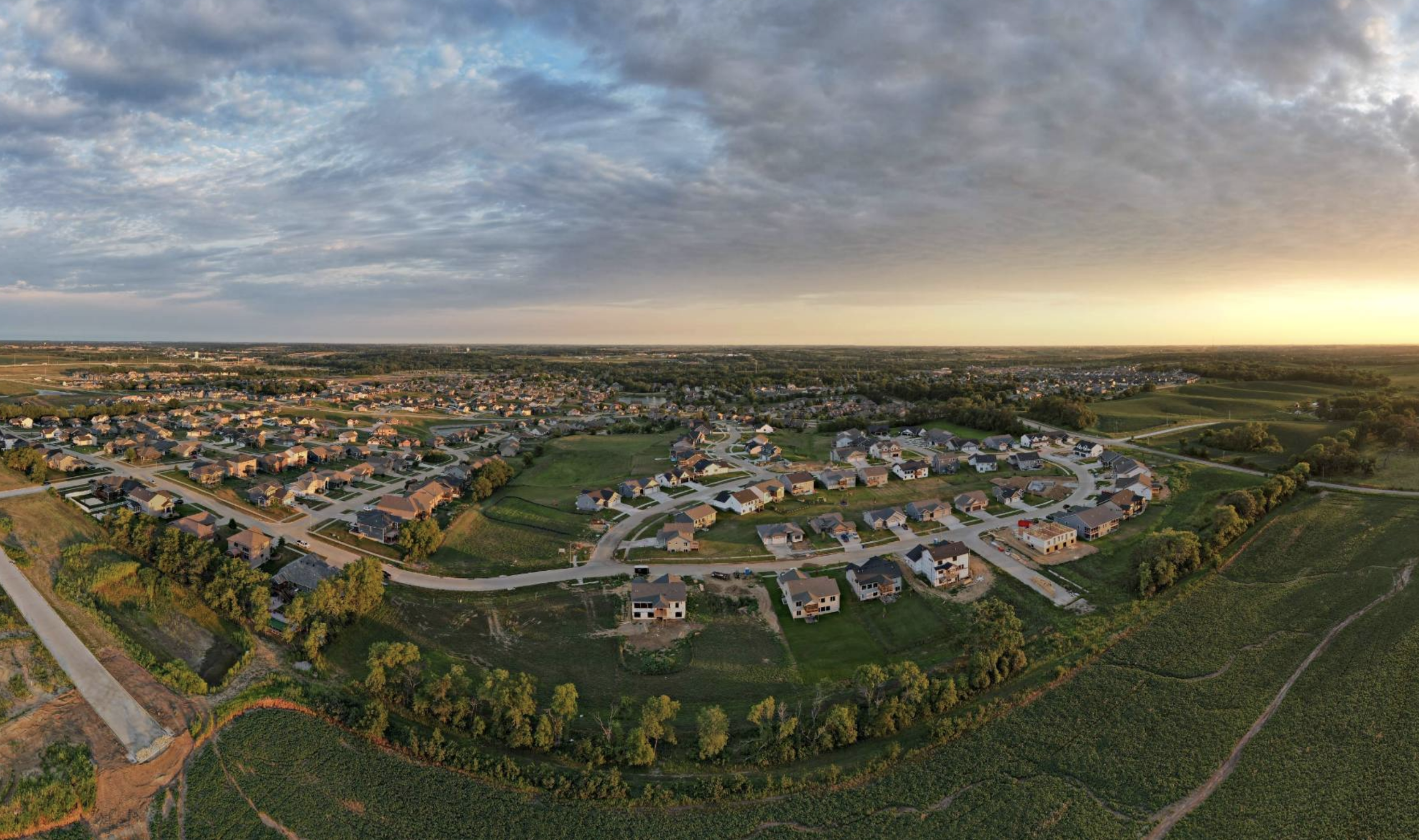 Drone shot of Tiffin, Iowa at sunset