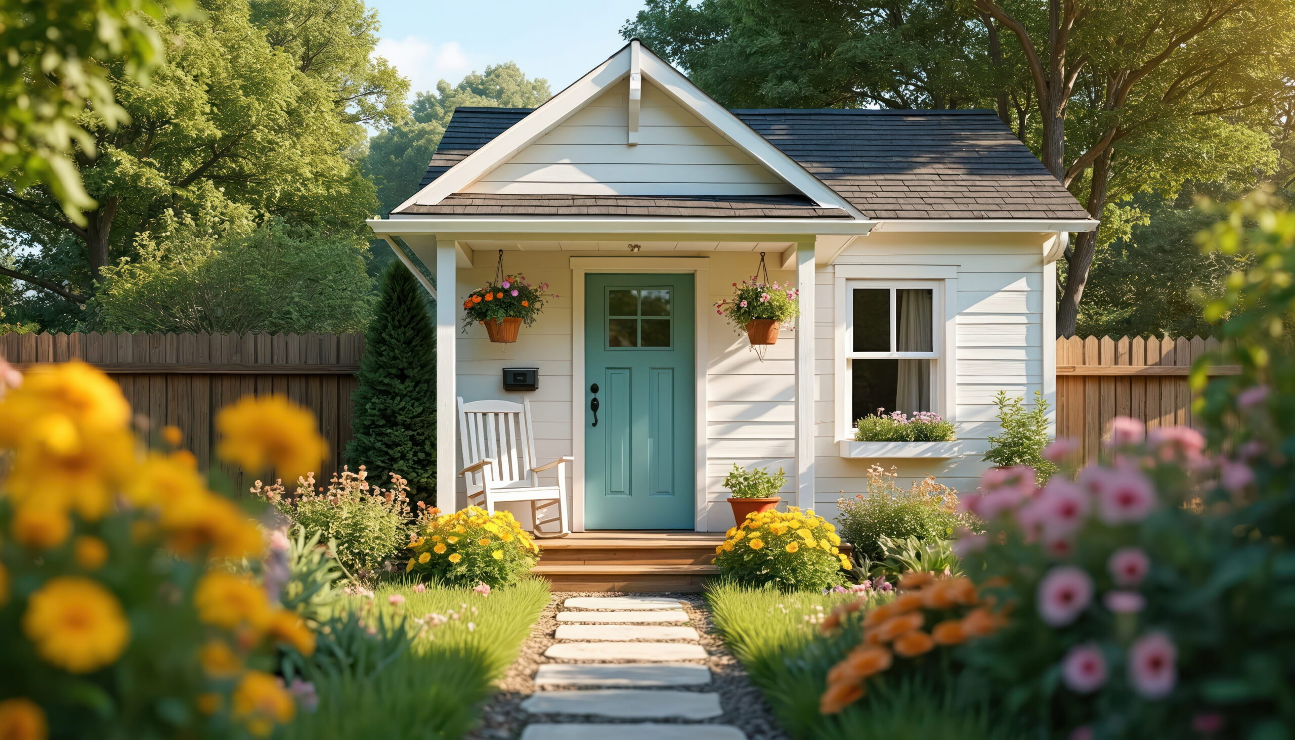 Small white home with a blue door and beautifully landscaped backyard