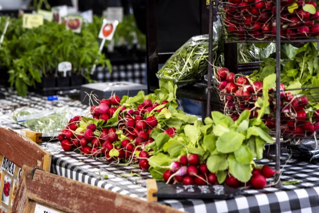 Table of produce at the Iowa City Farmers Market in downtown Iowa City