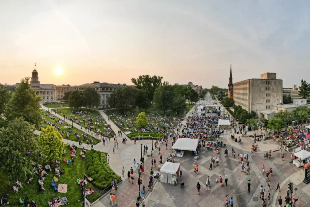 Aerial photo of downtown Iowa City during the Iowa City Jazz Festival