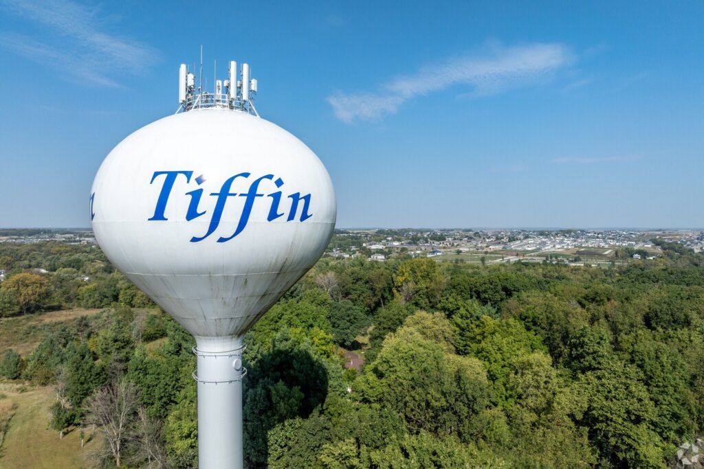 White water tower in Tiffin, Iowa