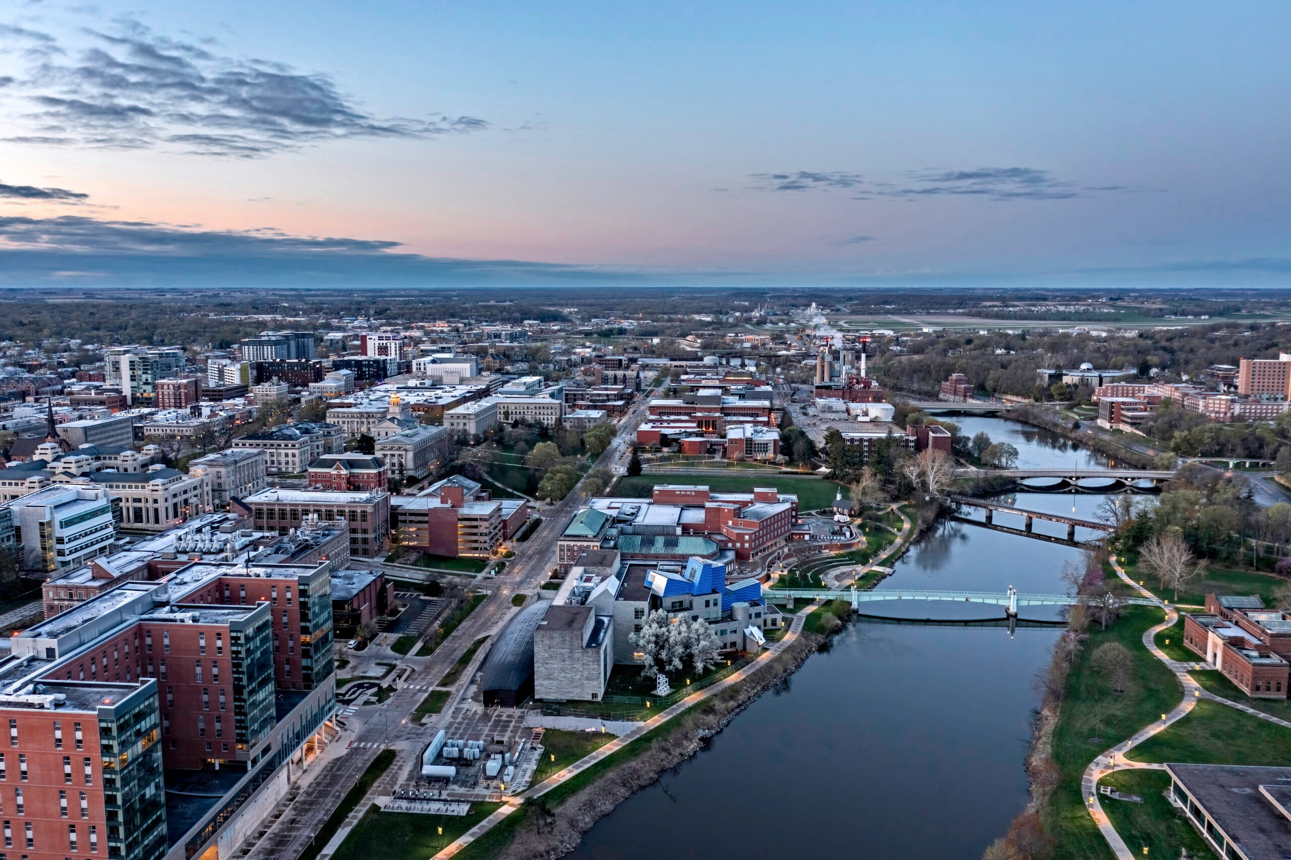 Aerial of Iowa City at sunrise