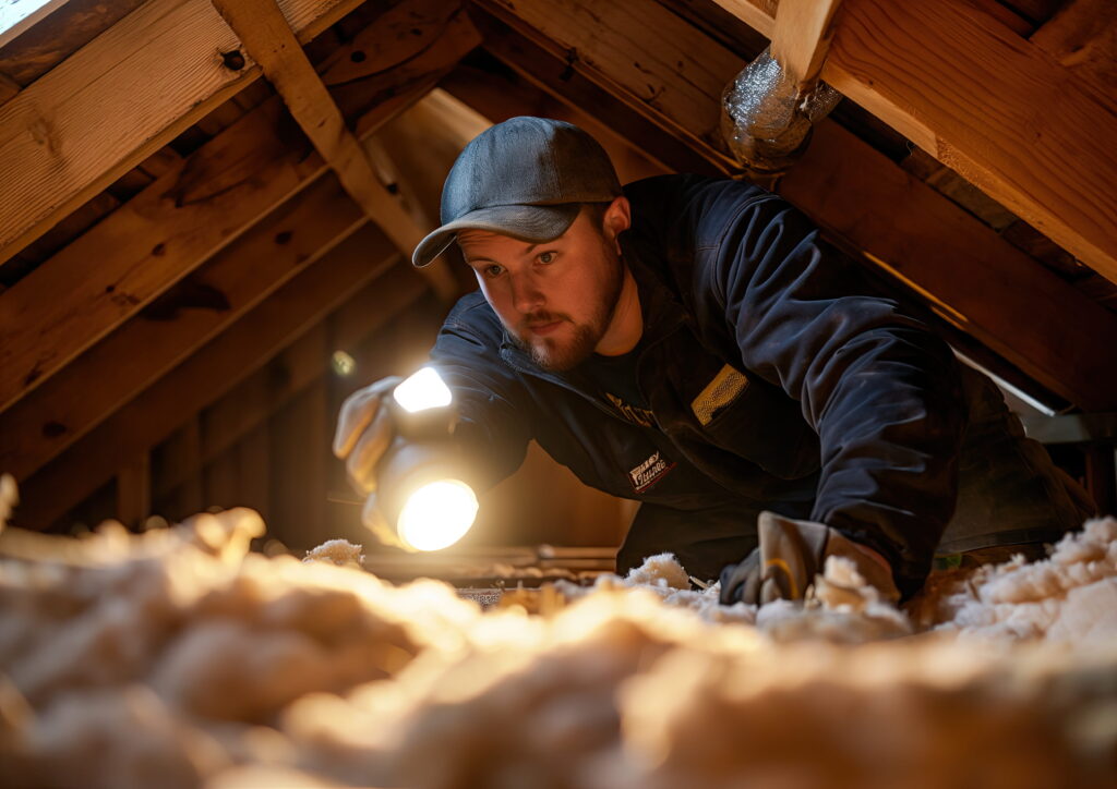 Comprehensive home inspection technician assessing insulation, wiring, and safety in cramped attic space