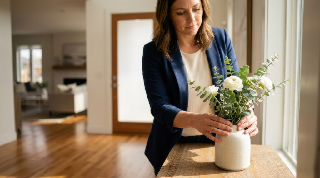 A woman arranging a bouquet of white and green flowers into a vase on a wooden table decor. Real estate and home staging