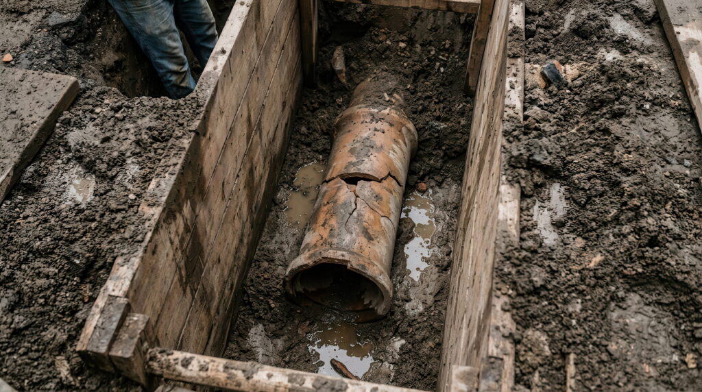 Construction crew prepares a site for patching or replacing a cracked clay sewer pipe in a deep trench