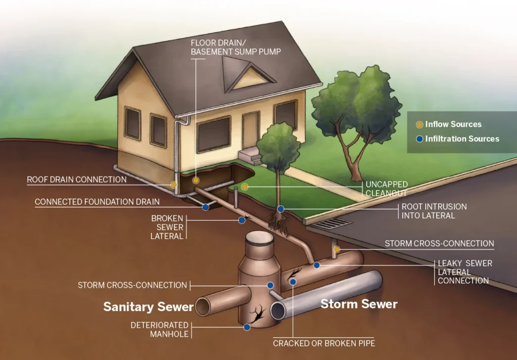 Detailed technical cross-section of a residential home and street illustrating the Inflow and Infiltration sources in a sewer system